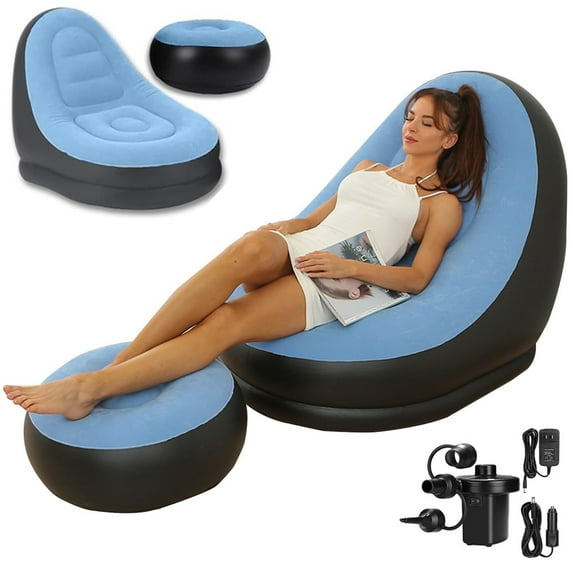 Inflatable Deck Chair with Air Pump, Foldable Patio Lounge Chairs with Footstool, Indoor Lazy Sofa Lounge Bed for Living Room Bedroom, Outdoor Travel, Beach Chaise Lounges, Blue