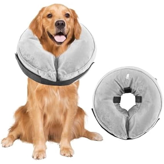 Inflatable Dog Cone Collar Alternative to Stop Licking After Surgery for Dogs, Soft Doggie Neck Donut Blue Large (9-14")