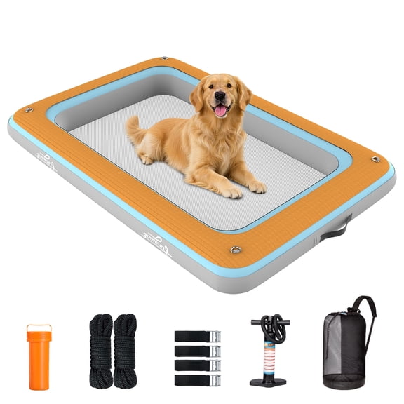 Inflatable Dog Pool Float,47×26'' Mesh Base,Pet Floating Bed for Small Medium Large Dogs,Hold Up to 330lbs,PVC & 12mm EVA Claw-Friendly Durable Dog Water Float for Pool, Lake, Boat