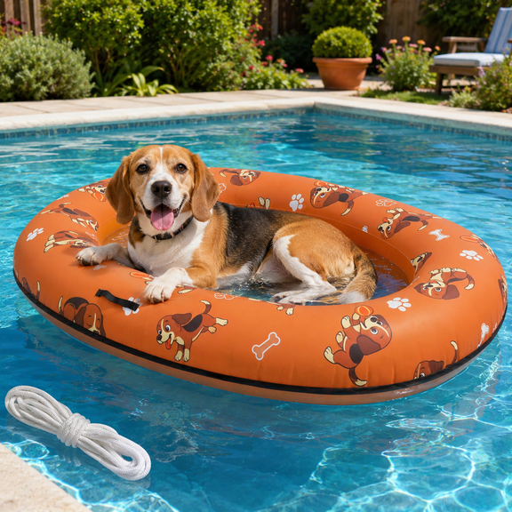 Inflatable Dog Pool Float Raft, 61" x 43" Heavy-Duty Dog Floating Mat with Handle & Rope, PVC + 600D Oxford Fabric Leak-Proof Pet Raft for Small Medium Large Dogs Up to 150 lbs, for Pool, Lake