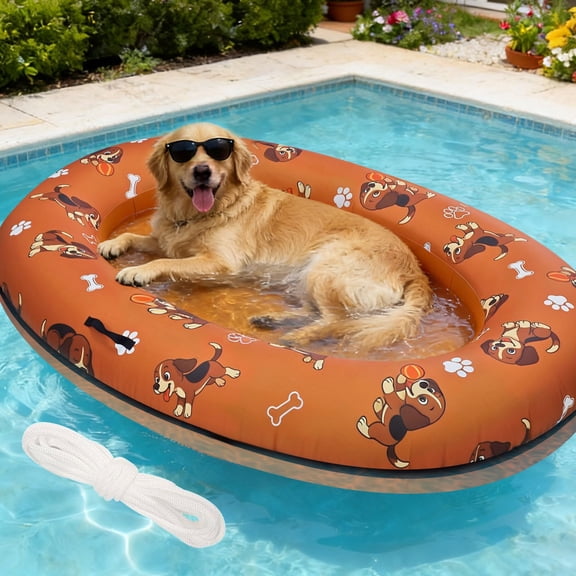 Inflatable Dog Pool Float Raft, 61" x 43" Heavy-Duty Dog Floating Mat with Handle & Rope, PVC + 600D Oxford Fabric Leak-Proof Pet Raft for Small Medium Large Dogs Up to 150 lbs, for Pool, Lake