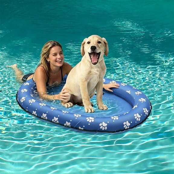 Inflatable Dog Pool Float Raft Paw Print Mesh Pet Water Lounger Summer Dog Floating Bed with Handles Dog Floating Mat for Pool Lake Beach Water Activities