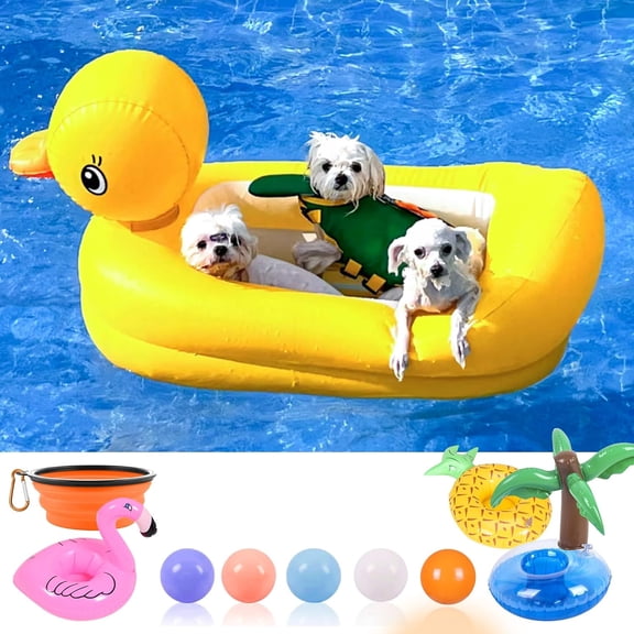Inflatable Dog Pool Float Set with Collapsible Bowl and Drink Holders Yellow