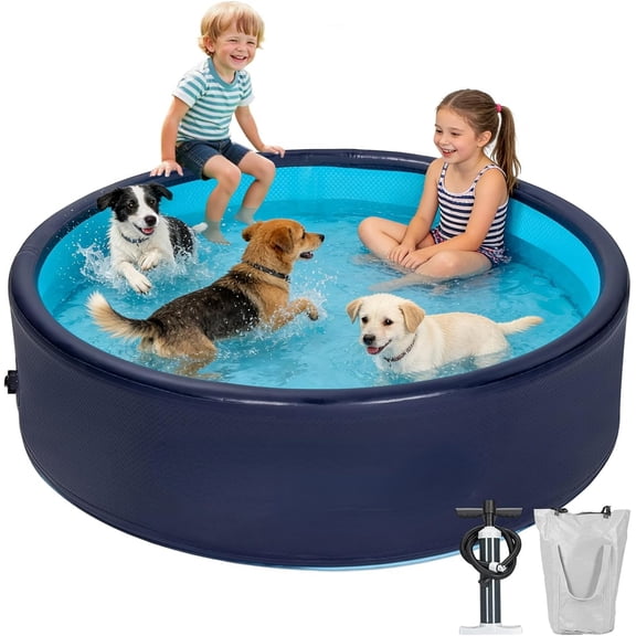 Inflatable Dog Pool Foldable Swimming Pool Portable Bath Tub for Dog, Cat Indoor and Outdoor in Hot Summer Blue,63"x 14"