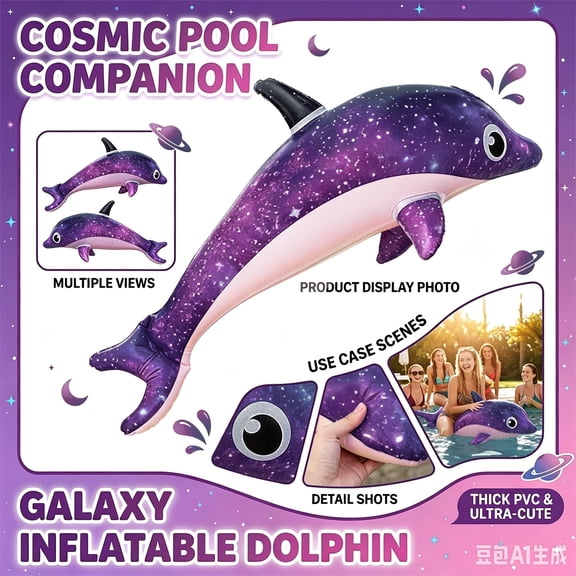 Inflatable Dolphin Float with Starry Sky Pattern Thickened Water Floating Mat for Swimming Pool and Beach Summer Relaxation and Leisure Use
