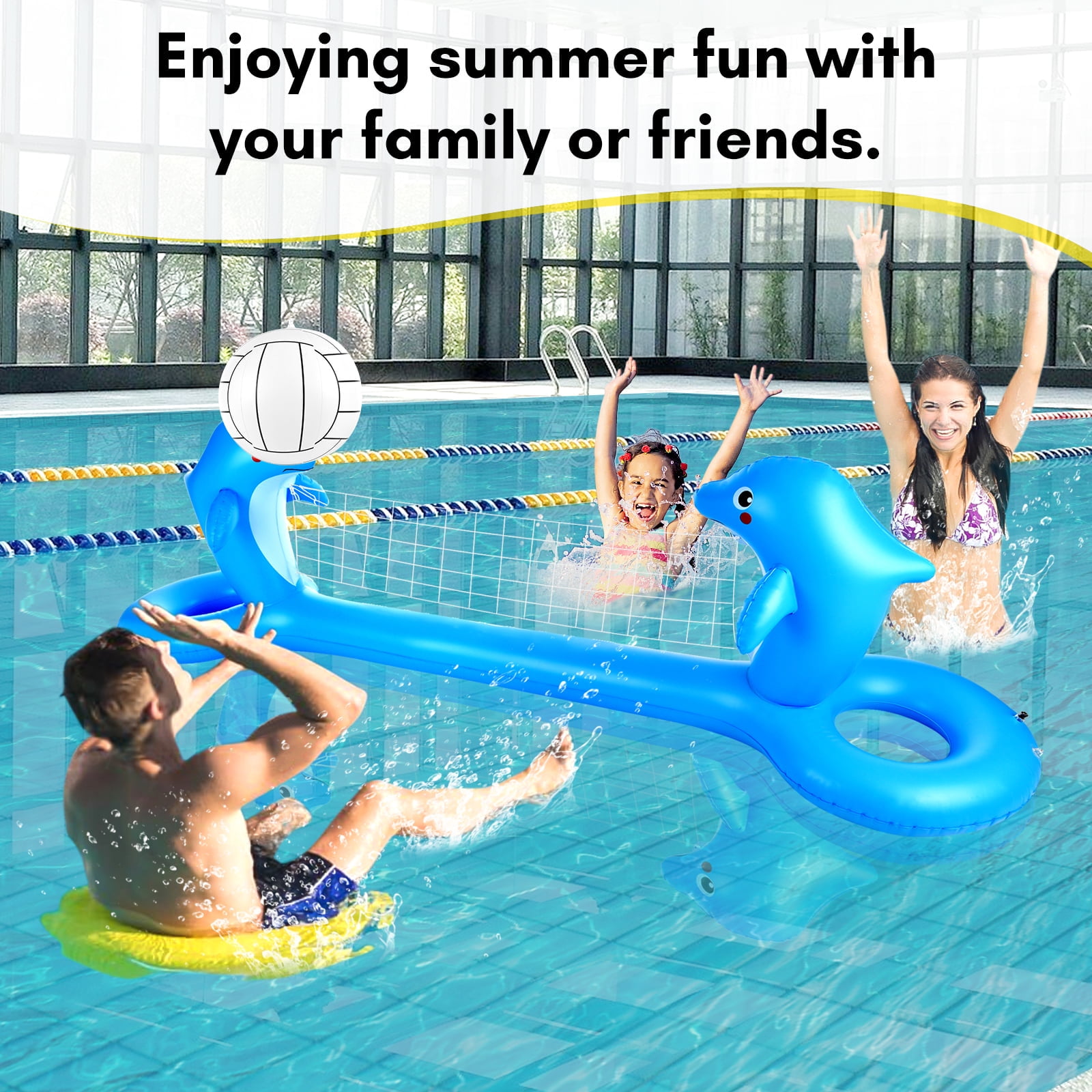 Inflatable Dolphin Pool Float Set Volleyball Net(Balls Included ) for
