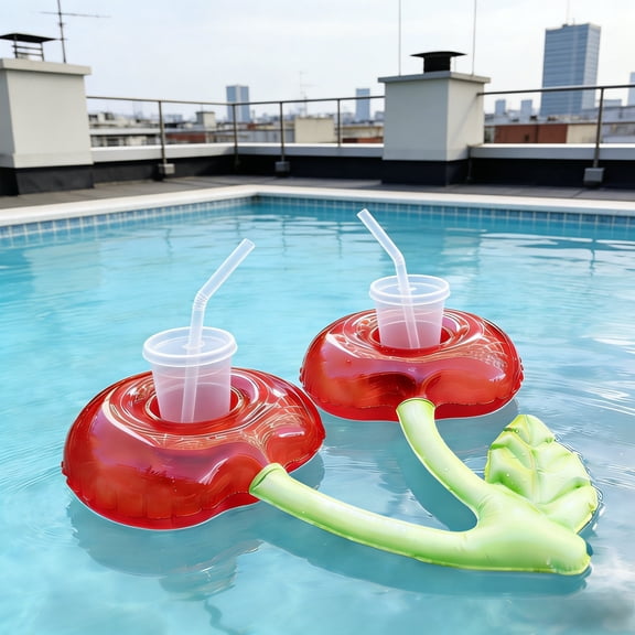 Inflatable Double Hole Cherry Shape Floating Drink Holder Premium Cup Holder,Creative Floating Cup Holders for Summer Pool Parties,Easy to Inflate and Use Decoration,12.99x7.08in
