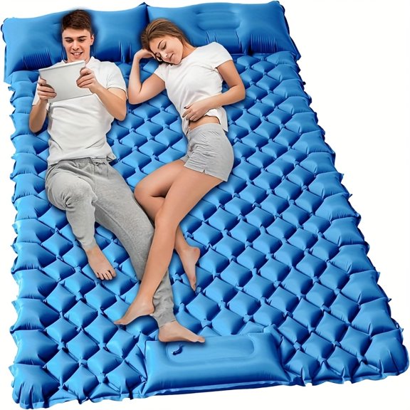 Inflatable Double Layer Sleeping Pad for Two with Pillow and Integrated Foot Pump, Lightweight and Sturdy for Camping, Hiking, and Backpacking in Tents