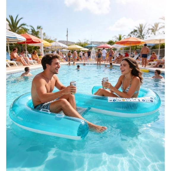 Inflatable Double Lounges Floats with Mesh and Backrest, 2 Person Foldable Pool Floats for Adults, Water Chair Floating Bed for Summer Vacation
