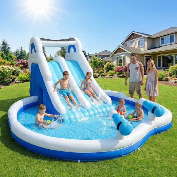 Inflatable Dual-Lane Water Slide with Climbing Wall & Splash Pool - Summer Backyard Fun for Kids (Blue & White, 212.6 x 145.7 x 82.7 in)