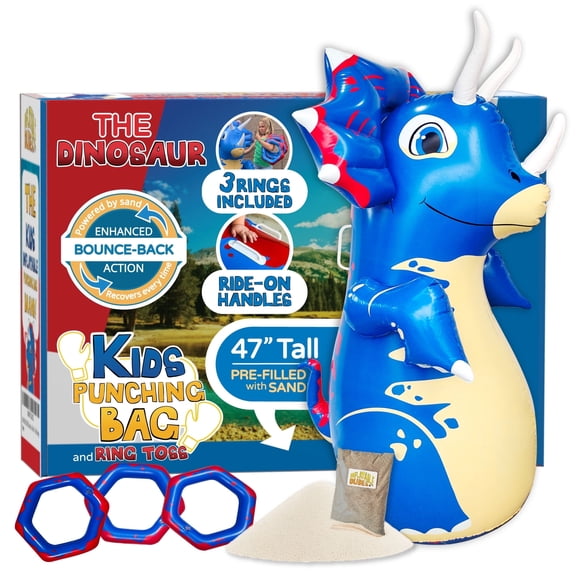 INFLATABLE DUDES- Blue Dinosaur 47 inches -Kids Punching Bag, Ring Toss, & Ride-on