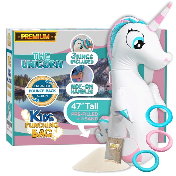 INFLATABLE DUDES Unicorn 47 Inches - Kids Punching Bag, Ring Toss, & Ride-On