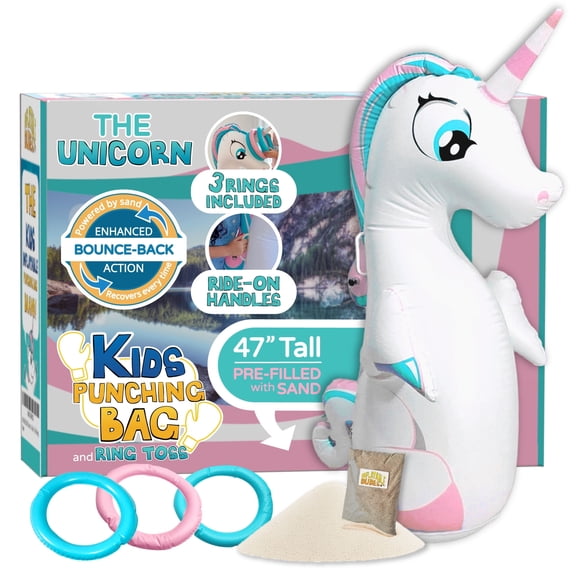 INFLATABLE DUDES Unicorn 47 Inches -Kids Punching Bag, Ring Toss, & Ride-On