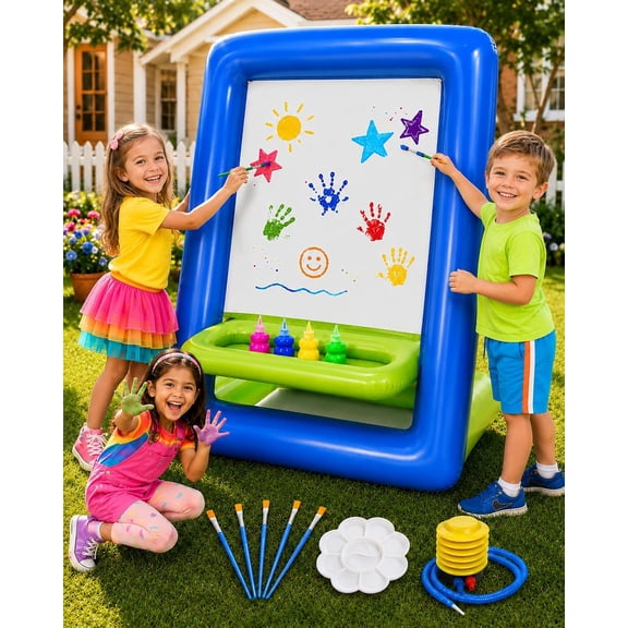 Inflatable Easel for Kids Washable Outdoor Paint Station with Pump | Heavy-Duty PVC Inflatable Paint Easel With Air Pump. Features Water Fillable Base For Outdoor Stability