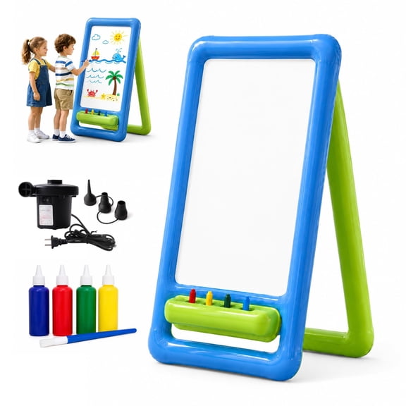 Inflatable Easel Outdoor, Washable Blow Up Art Easel for Kids with Air Pump and Pigment, Double-Sided PVC Drawing Board, Reusable Portable Paint Station for Backyard, Beach, Indoor Use