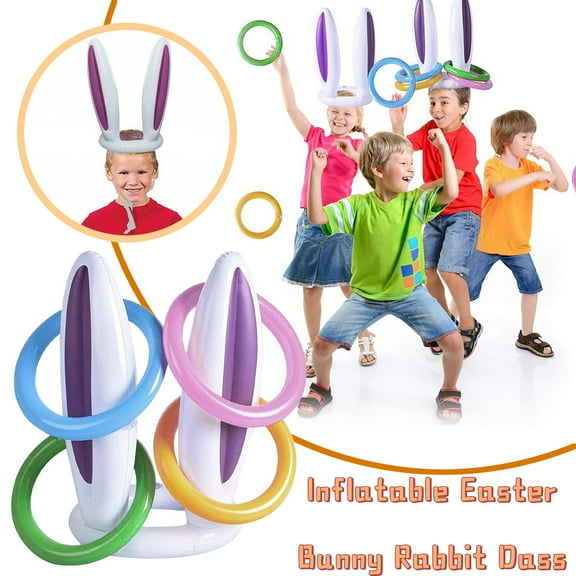 Inflatable Easter Ear Hat And Ferrule Toy Easter Toddler's Game Toy Gift,Inflatable Bunny Ear Hat with 4 Rings,Toss Game for Toddlers,Party Activity Toy,Easter Christmas Party Game,Outdoor Fun