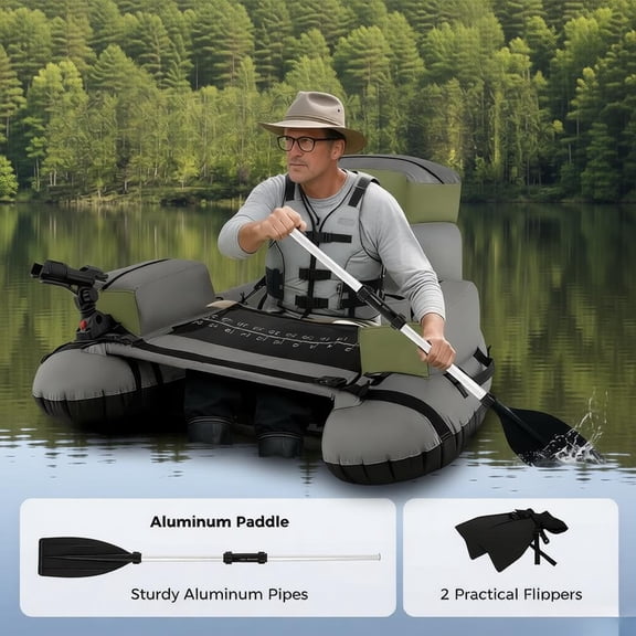 Inflatable Fishing Float Tube 350 Lbs Capacity 43.5 Inch Long 2 Air Chambers Rod Holder Fish Ruler Green Gray Portable Pontoon Boat Lake River Angling Backpack Straps Storage Pockets PVC 600D