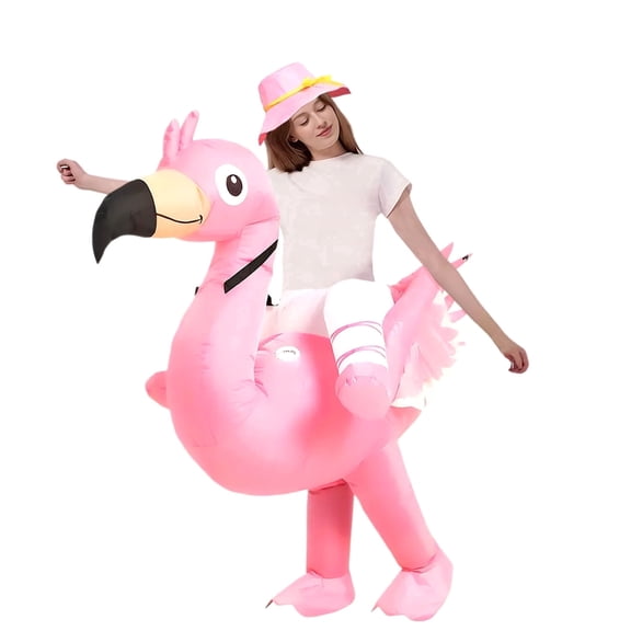 BEMUIZ Adult Ride-on Inflatable Flamingo, blow-up Outfit with Pink Hat for Halloween Christmas Party, Size 4.9-6.2 ft Men Women