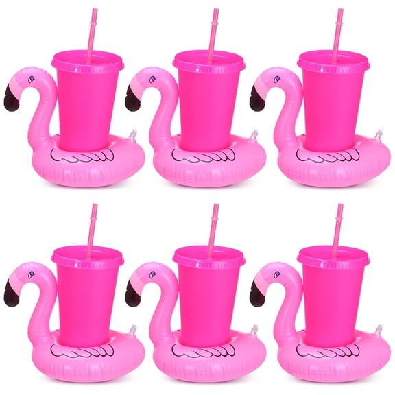 Inflatable Flamingo Drink Holders with 6 Plastic Cups, Pool Beverage Floats for Cans and Bottles