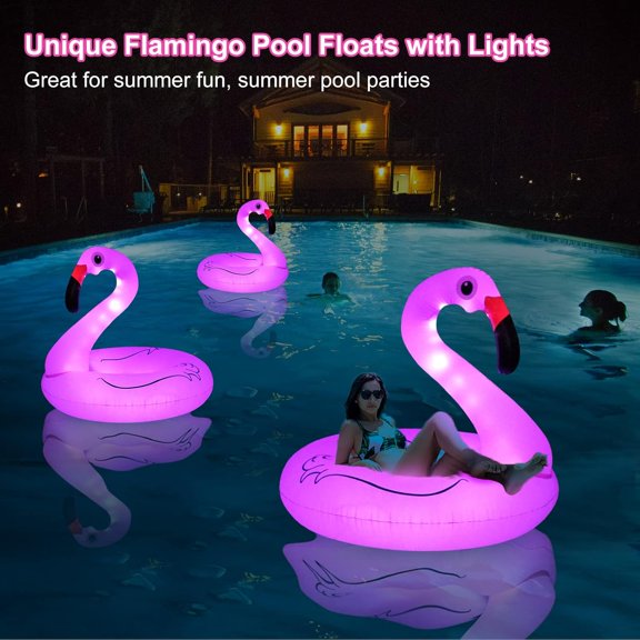 Inflatable Flamingo Pool Floats with Lights, Solar Powered Flamingo Swim Tube Rings, 42'' Lake Beach Floaties Swimming Rings Summer Pool Raft Lounger for Adults Water Party Supplies.