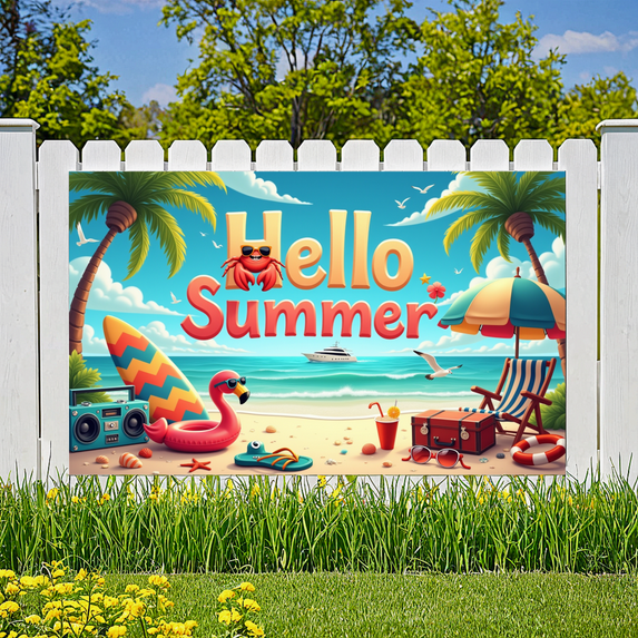 Inflatable Flamingo Summer Banner Beach Scene Vibrant Colors Palm Trees for Outdoor Party Vacation Decoration