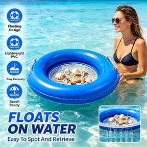 Inflatable Floating Beach Sand Sifter, Portable Shark Tooth Sieve with Retractable Handle and Wrist Strap, Lightweight Mesh Scoop for Shells and Fossil Collecting