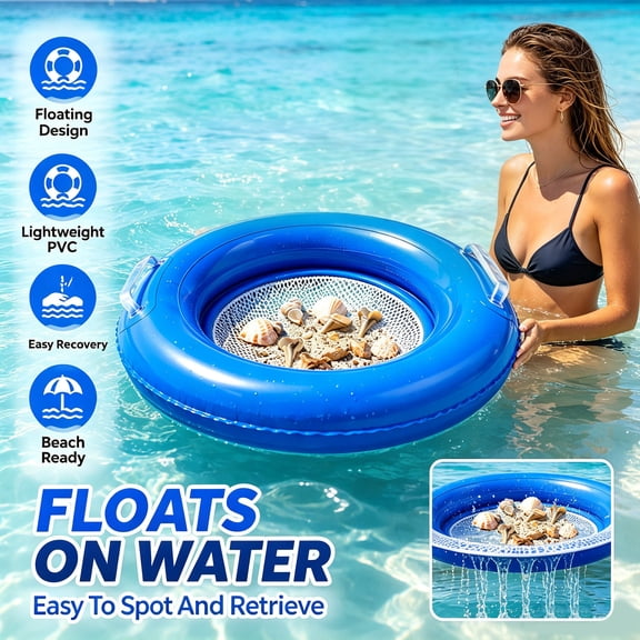 Inflatable Floating Beach Sand Sifter, Portable Shark Tooth Sieve with Retractable Handle and Wrist Strap, Lightweight Mesh Scoop for Shells and Fossil Collecting