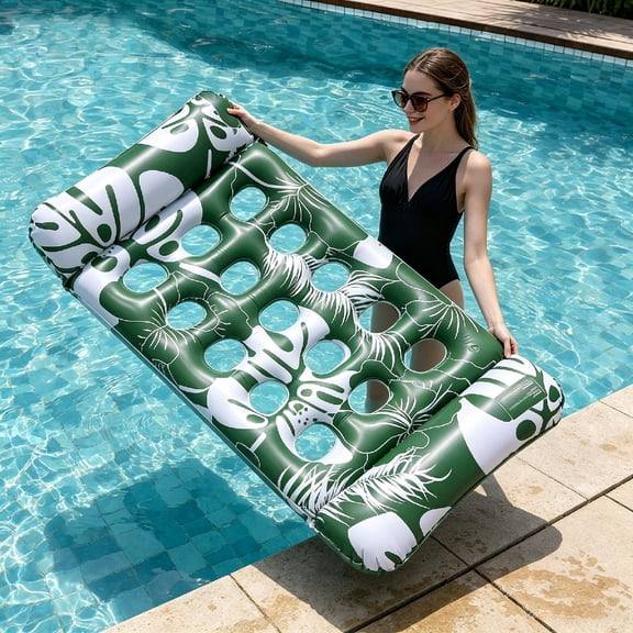 Inflatable Floating Bed with Headrest - Adult Pool Air Mattress & Beach Lounger for Tanning & Relaxation | Durable Non-Stick PVC, Easy Inflate/Deflate, Drainage Holes, Stable Air Retention