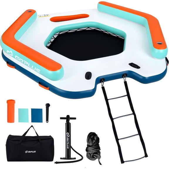 Inflatable Floating Dock, 8.7X 8.7FT Inflatable Dock Platform with Detachable Ladder & Backrests, Carry Bag, Water Mat Floating Platform Island Raft for Lake, Beach, Pool