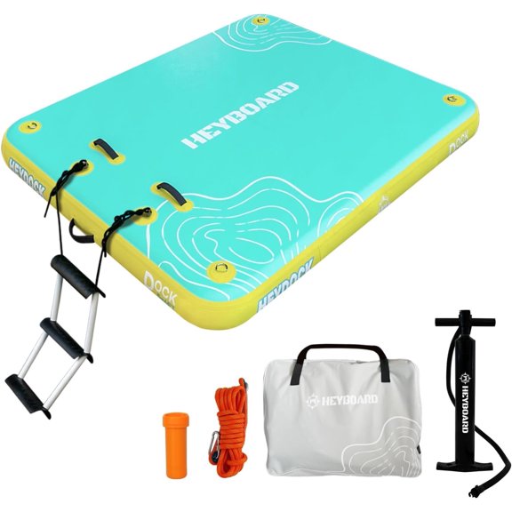 Inflatable Floating Dock, Non-Slip Swim Platform Raft for Lake Pool Beach Ocean, 8x6FT Mint & Yellow