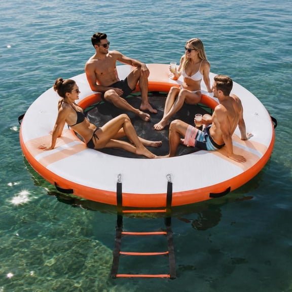 Inflatable Floating Dock Platform, 8ft with Ladder, Pump, Drop Stitch Water Air Mat Island Raft, Orange, for Lake Pool Beach
