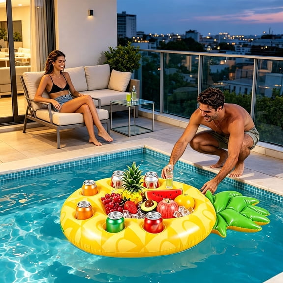 Inflatable Floating Drink Holder Pineapple Shaped Pool Serving Bar Tray Multi Cup Hole Floating Cooler Float For Summer Pool Beach Hot Tub Party