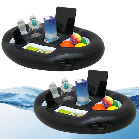 Inflatable Pool Drink Holder Float Multi Slot Bar Tray with Side Handles and Phone Holder for Pool Parties, Black
