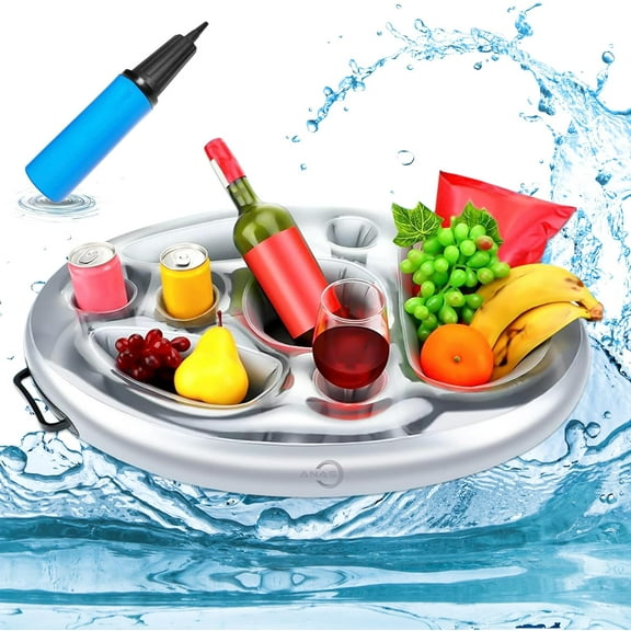 Inflatable Floating Drink Holder for Pool - Tray Table Has Cup & Beverage Can Holders with Snack Bowl, Durable PVC