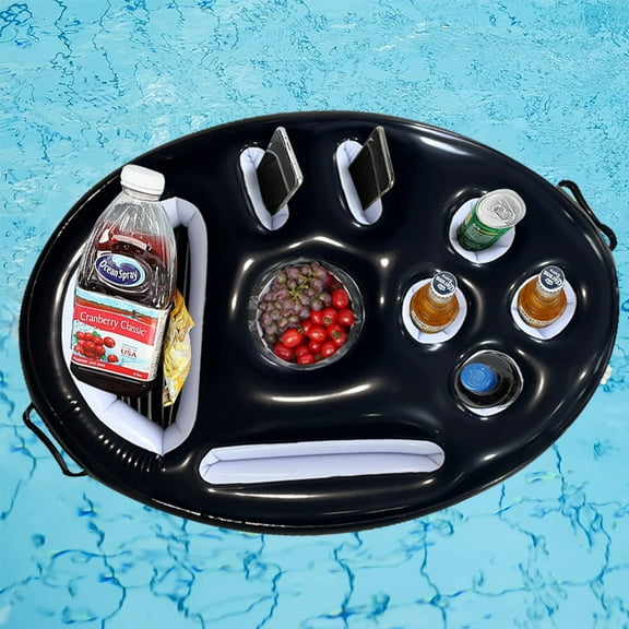 Inflatable Floating Drink Holder for Pool - Tray Table Has Cup & Beverage Can Holders with Snack Bowl PVC(Black)