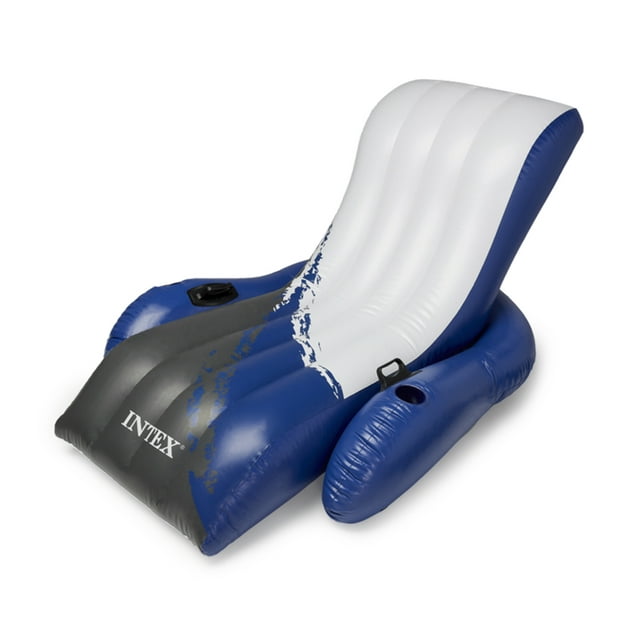 Inflatable Floating Lounge Pool Recliner Chair W/ Cup Holders, Blue/Black/White, Adult