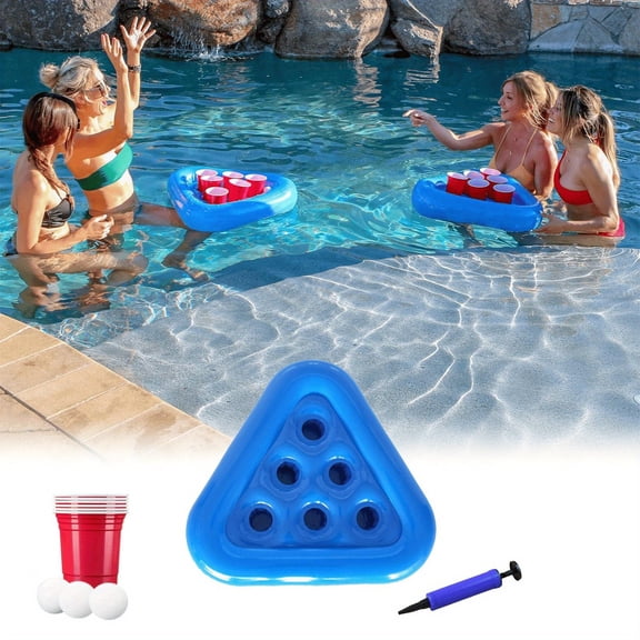 Inflatable Floating Pool Pong Game Kit, Multi-Functional Floating Cup Cooler Tray with Ping Pong Balls & Cups, Portable PVC Float Bar Table for Outdoor Beach Pool Parties