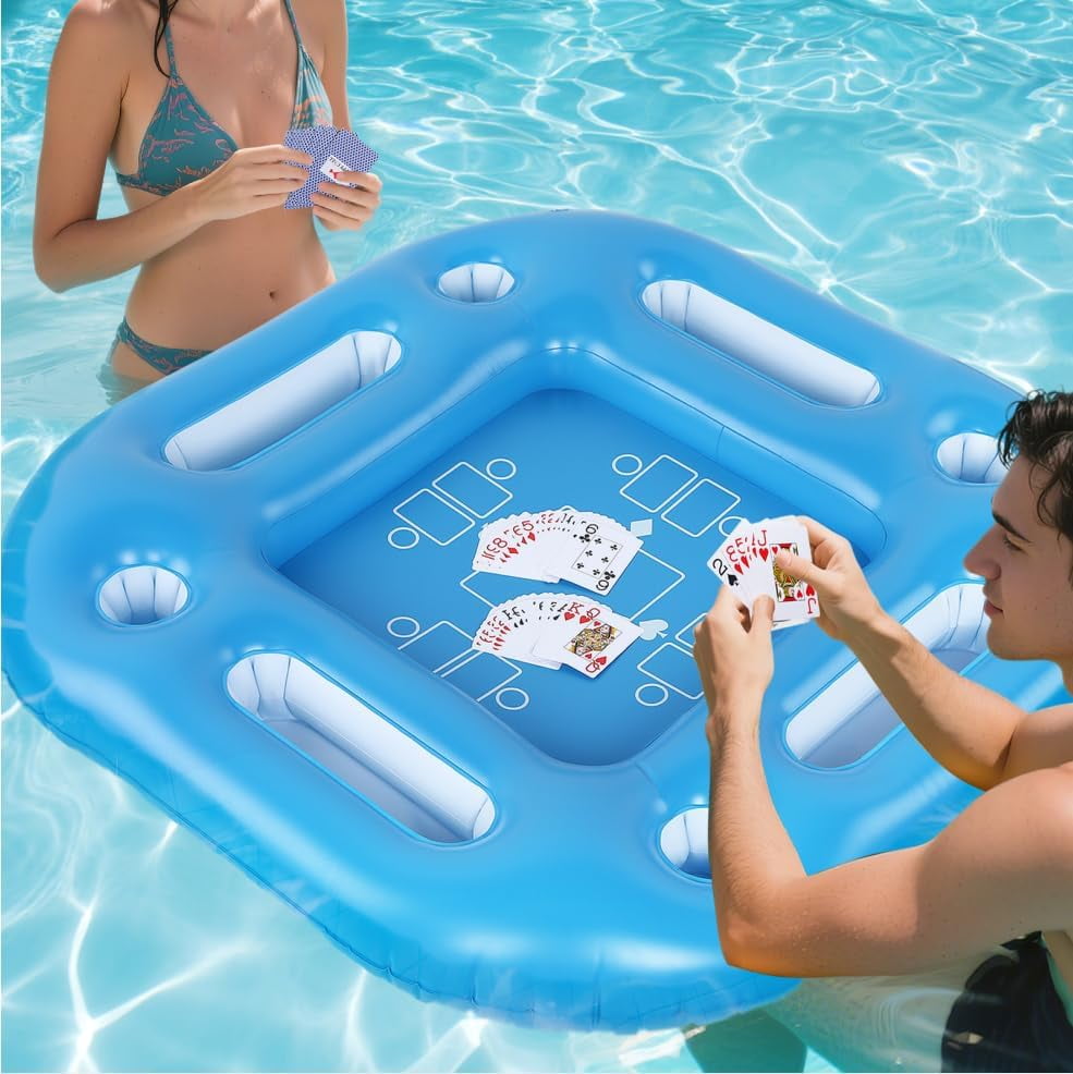 Inflatable Floating Table for Pool with Drink Holders, 38" Square Floating Card Table for Pool ...