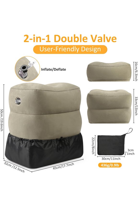 Inflatable Foot Rest Pillow for Travel - Adjustable Height Flight Foot Rest with Eye Mask and Earplugs for Kids & Adults on Airplane, Car, Train, Office, and Home (Gray, 2 PCS)