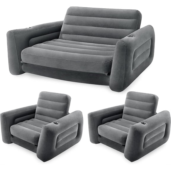 Inflatable Furniture Set with Queen Sized Pull-Out Sofa Bed and 2 Sleepers, Gray - Air Mattress, Portable Couch, Lounge Chairs, Guest Beds