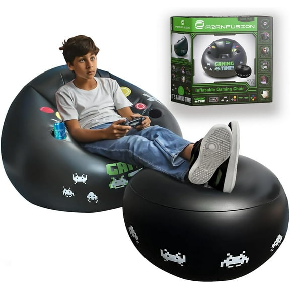 inflatable Gaming Chair for Kids & Teens with Cup Holders and Side Pocket - This Air Bean Bag Game Chair is The Perfect Furniture for Gamer Room Décor (Green Gaming Time with Ottoman)