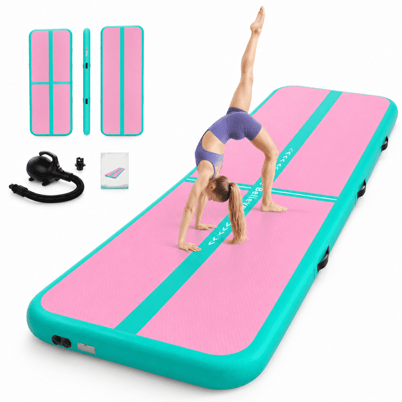 Inflatable Gymnastics Mat, Green Pink, 10ft*3.3ft*6inches(3m*1m*0.15m), Tumble Track Air Mat with Pump