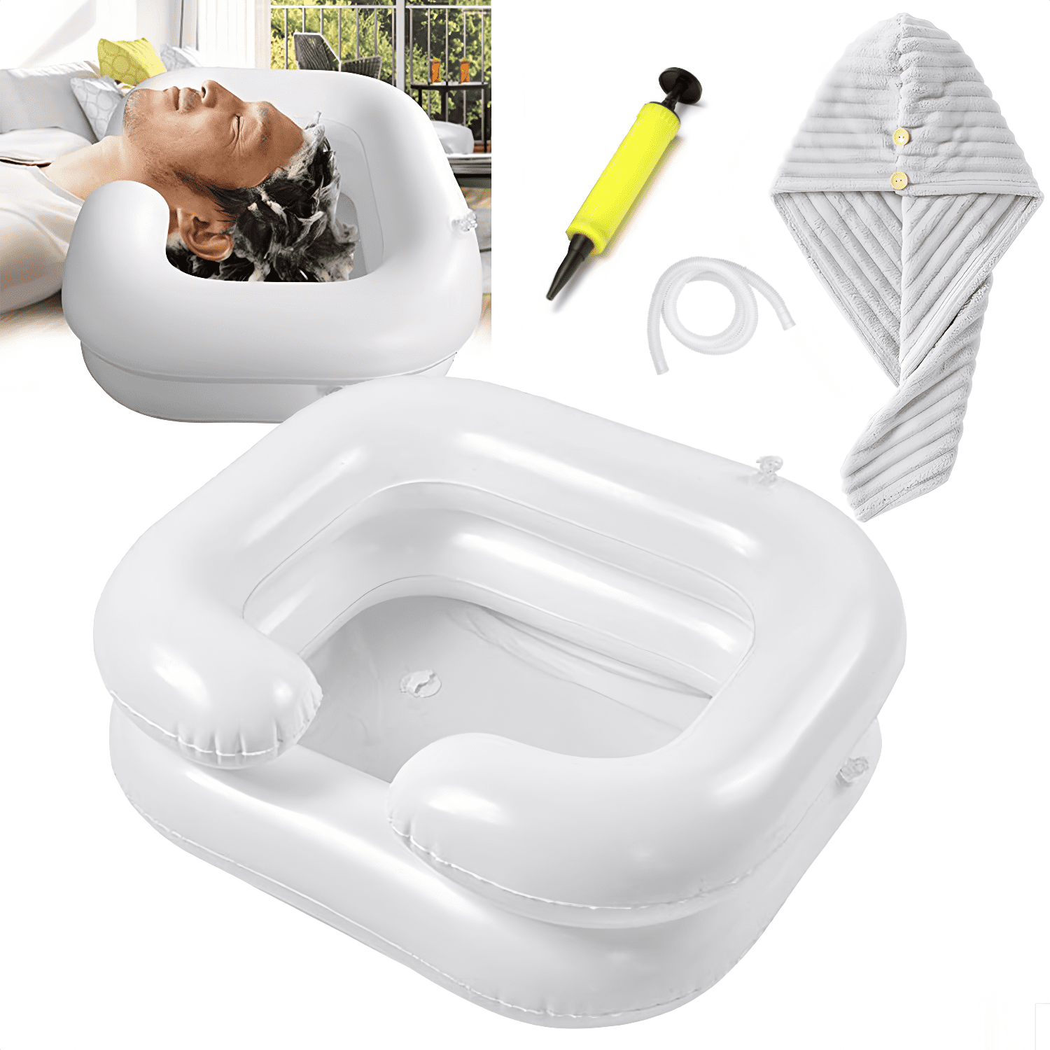 ChrumpTon Inflatable Hair Wash Basin,Portable Shampoo Bowl with Hand Pump and Hair Towel Wrap,for Injured,Elderly,Bed-Bound,Handicapped