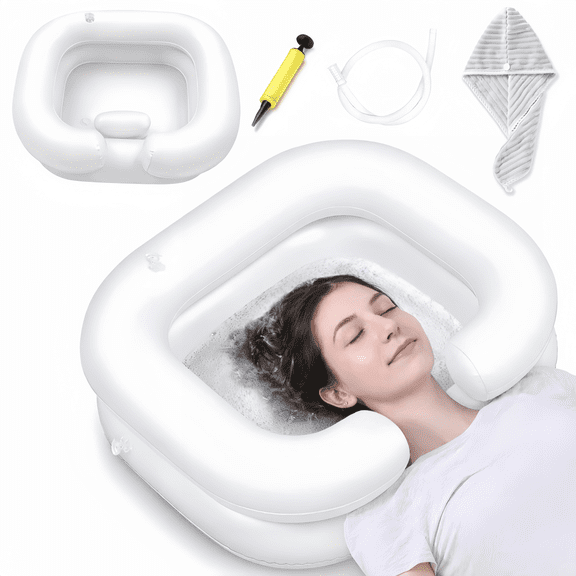 ChrumpTon Inflatable Hair Washing Basin, Portable Shampoo Bowl with Hand Pump and Towel, for Bedside, Home Care, Sink Washing and Dreadlock Care, White