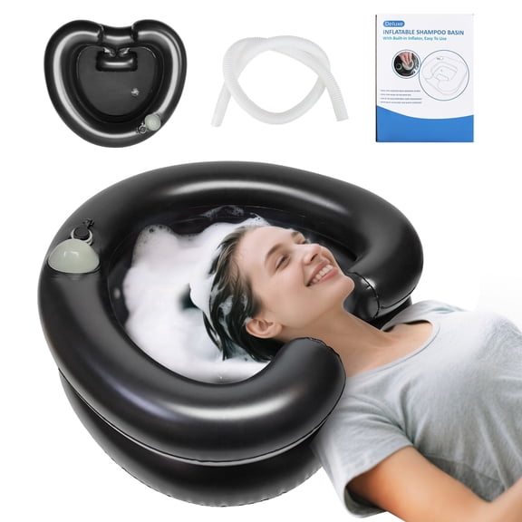 Inflatable Hair Washing Basin with Built-In Air Valve, Portable Shampoo Basin for Bedridden, Elderly, Post-Surgery Care (Black)