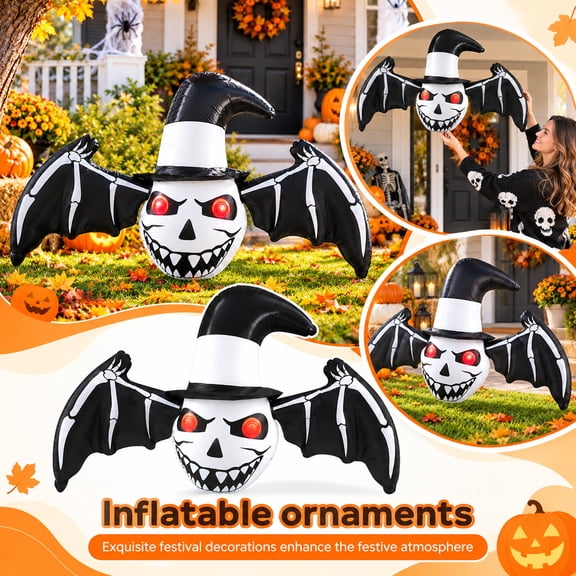 Inflatable Halloween Skeleton Decoration with Witch Hat and Bat Wings, 1 Piece, Black and White Unlit Design, for Outdoor Yard and Porch Display