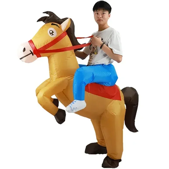 Kids Inflatable Cowboy Horse Rider Costume - Blow-Up Riding Suit With Fan & Hat
