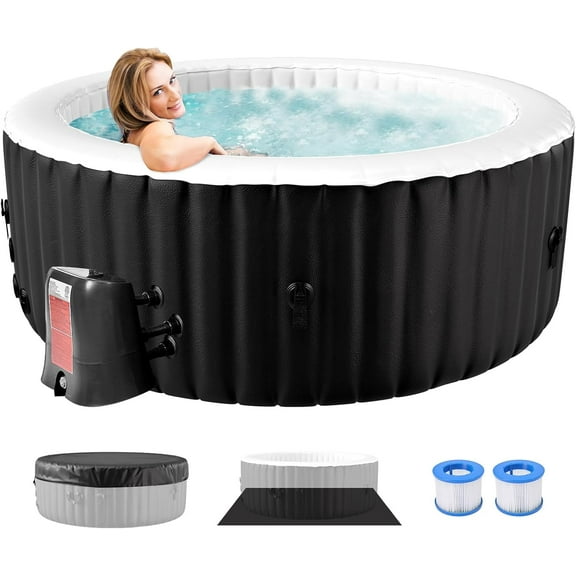 Inflatable Hot Tub 71"x71"x25", 2 Person Round Outdoor Spa Blow Up Hottubs with 110 Bubble Jets, Blow Up Air Hot Tub with Heater Pump and Side Table, Insulated Cover, 2 Filter Cartridges