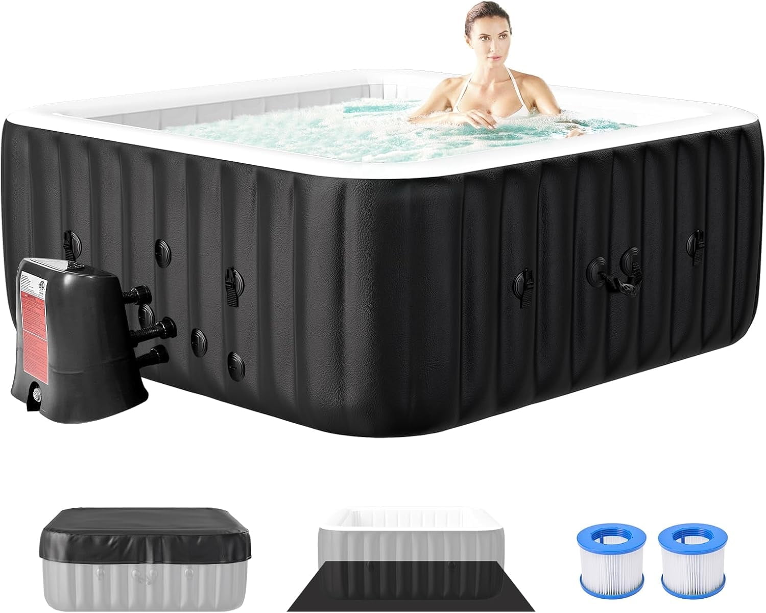 Inflatable Hot Tub 73"x73"x25", 4-6 Person Large Square Outdoor Spa Blow Up Hottubs with 130 Bubble Jets, Blow Up Air Hot Tub with Heater Pump and Side Table, Insulated Cover, 2 Filter Cartridges