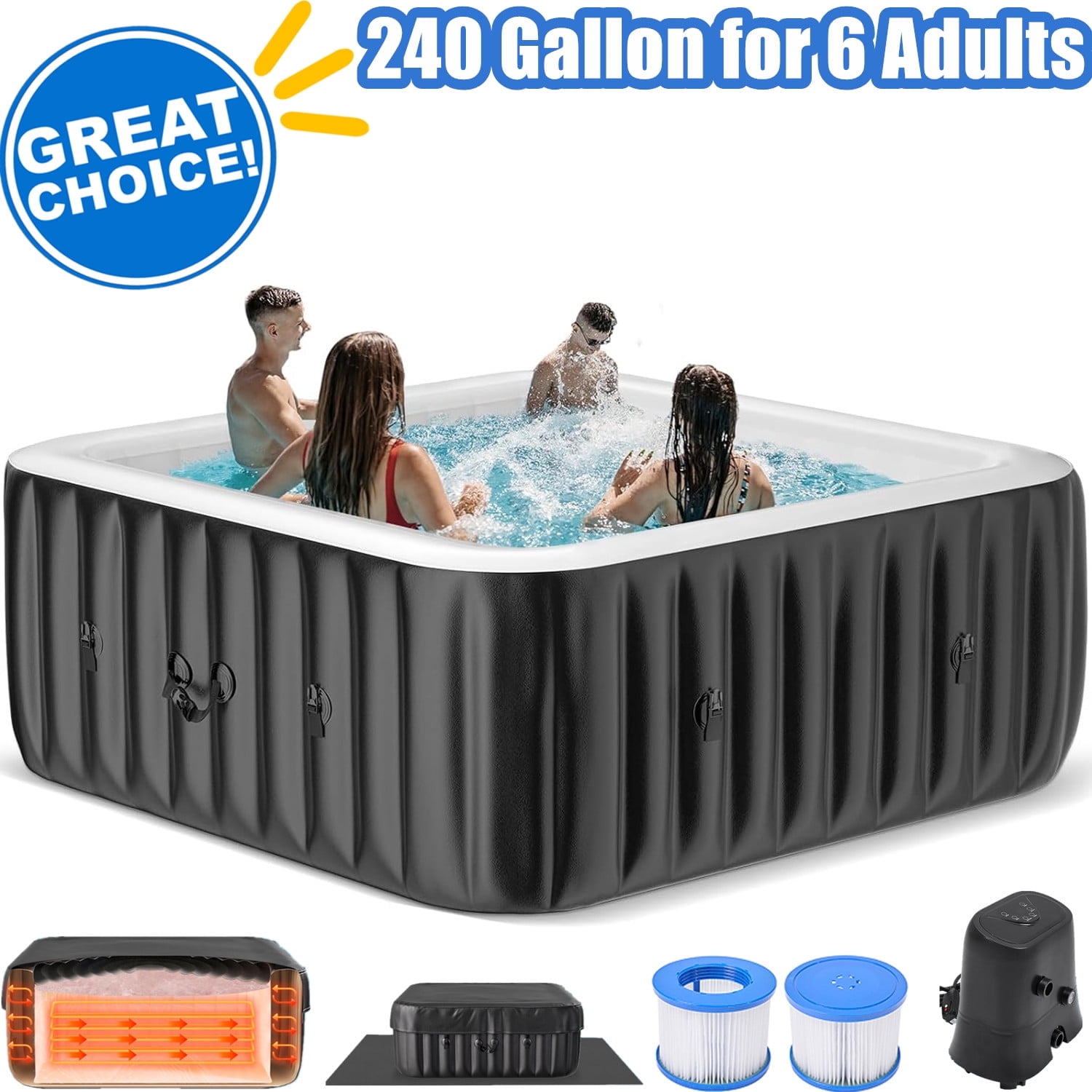 Inflatable Hot Tub 73"x73"x25", 4-6 Person Large Square Outdoor Spa Blow up Hot Tubs with 130 Bubble Jets, Blow Up Air Hot Tub with Heater Pump, Insulated Cover, 2 Filter Cartridges Outdoor Pool SPA